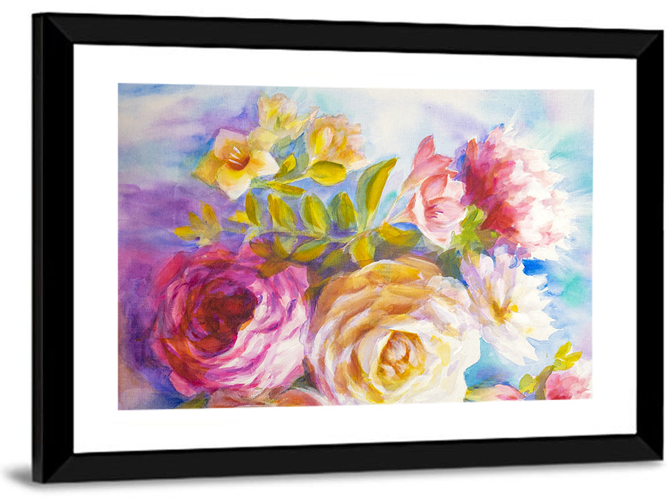 Painterly Peonies and Rose Bouquet Wall Art, framed print, landscape
