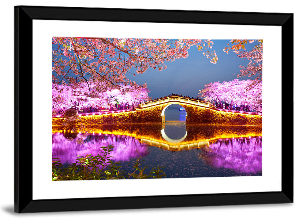 Illuminated Cherry Blossom Bridge Wall Art