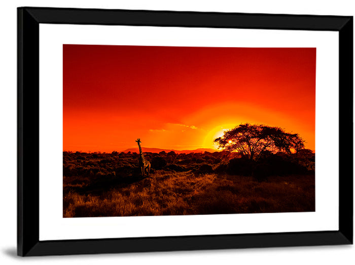 Savanna Sunset with Giraffe Wall Art as a framed print