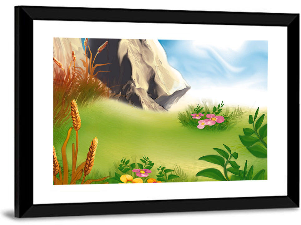 Sunny Mountain Meadow Illustration Wall Art