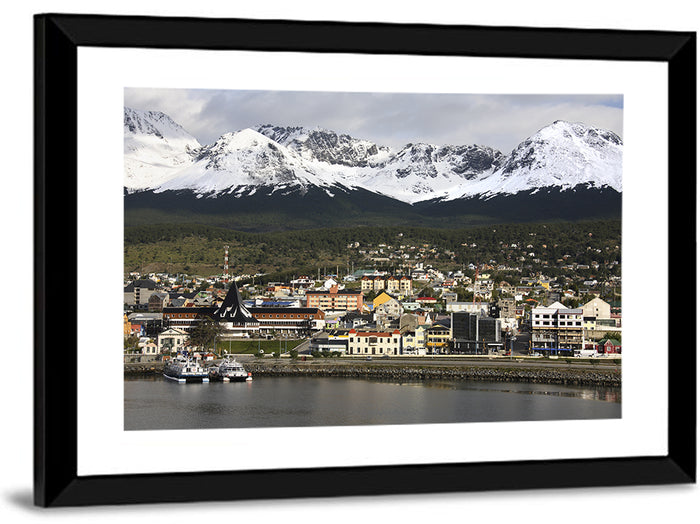 Ushuaia Harbor and Snowcapped Mountains Wall Art as a framed print