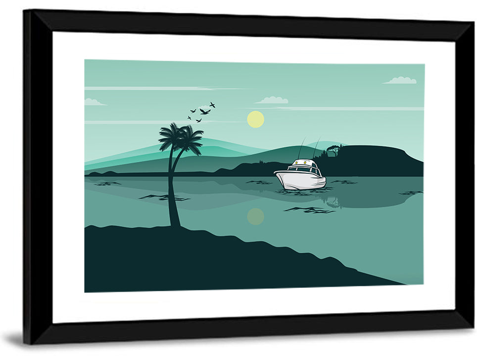 Teal Lake Boat with Palm Tree Wall Art