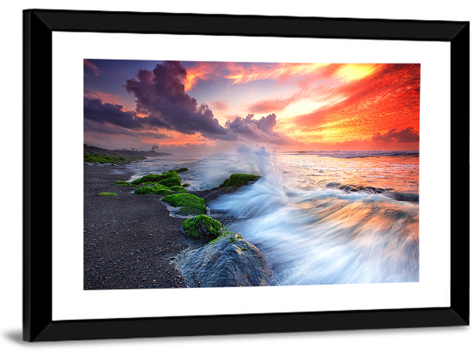 Ocean Waves Under Burning Sky Wall Art