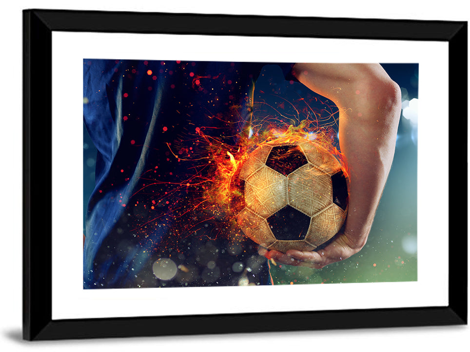 Fiery Soccer Ball and Blue Jersey Player Wall Art