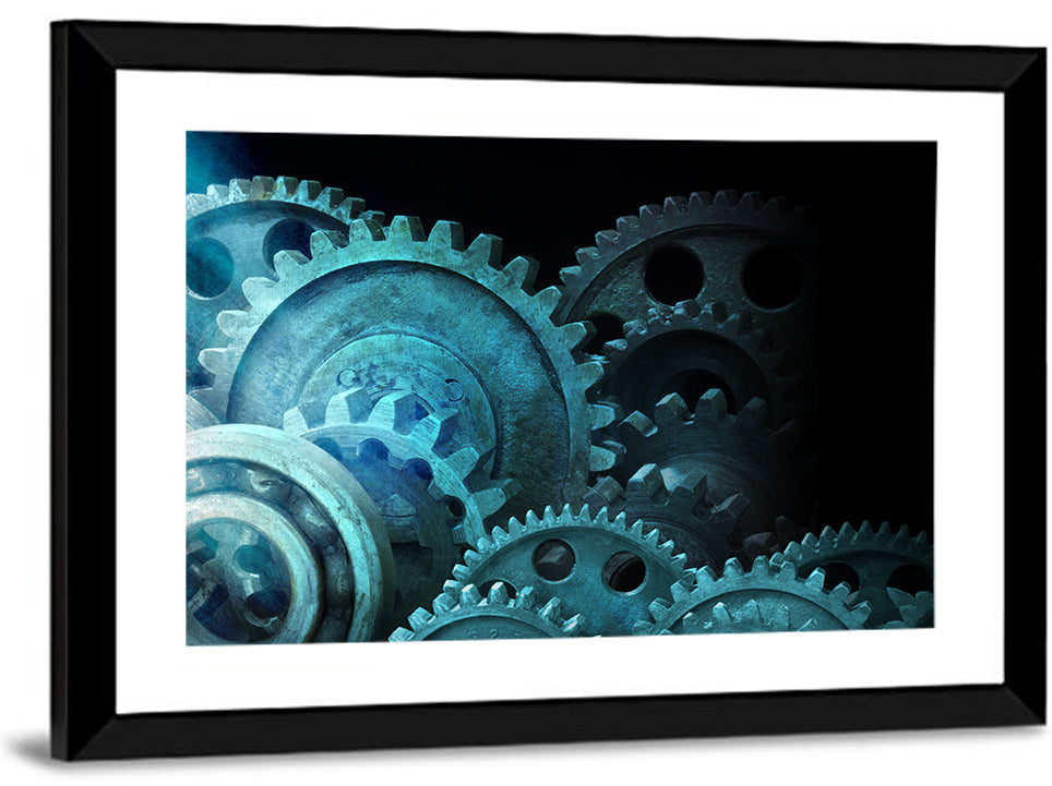 Teal and Steel Cogwheel Close-up Wall Art