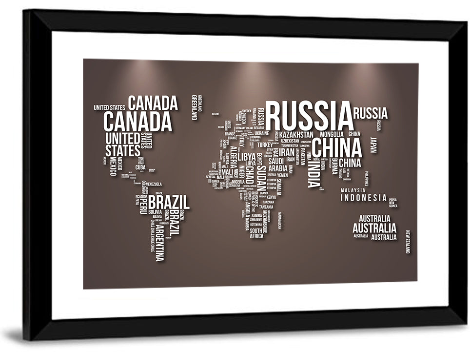 World Map Typography in Brown and White Wall Art