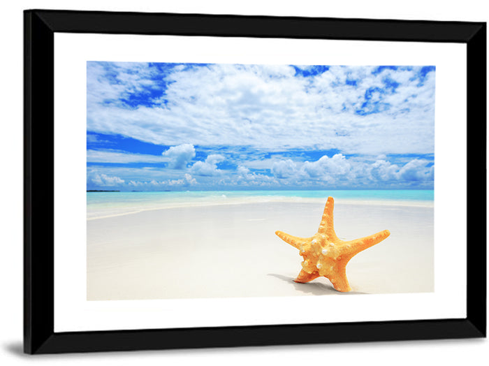 Minimalist Yellow Starfish on Turquoise Shore Wall Art as a framed print