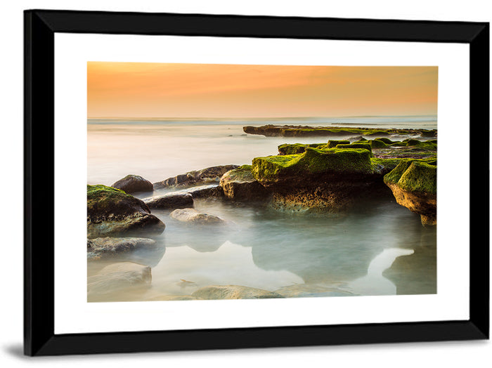 Mossy Rocky Coastline at Golden Hour Wall Art as a framed print