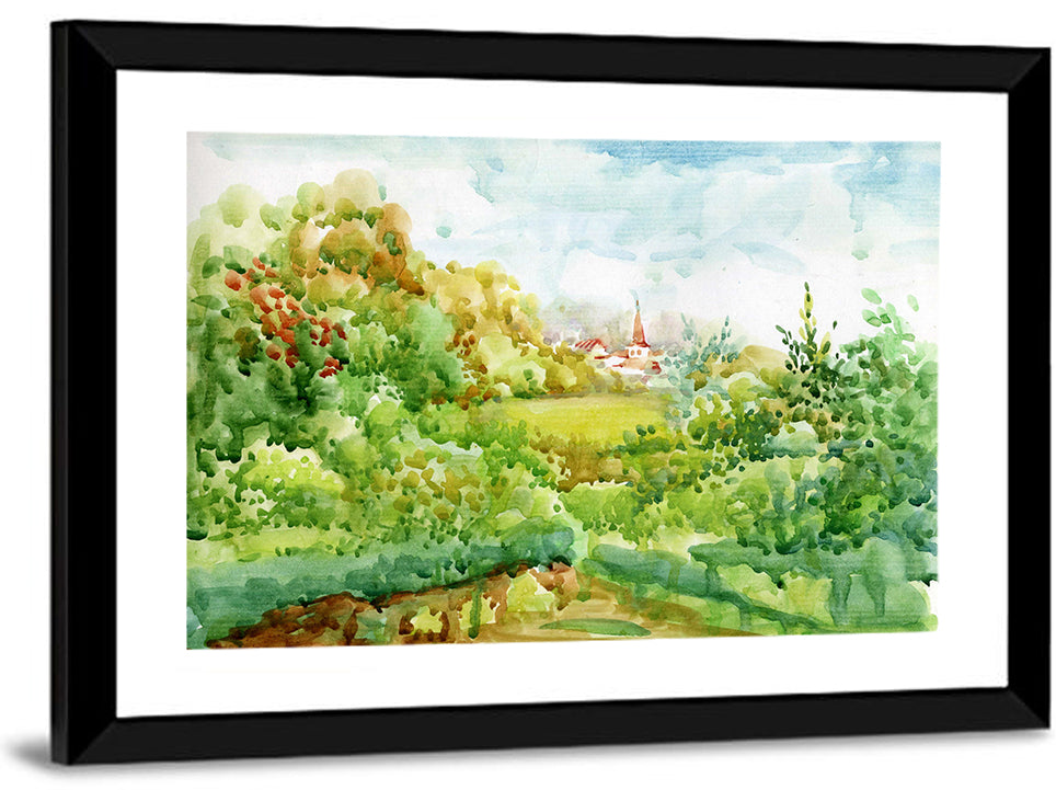 Red Steeple Village Watercolor Wall Art