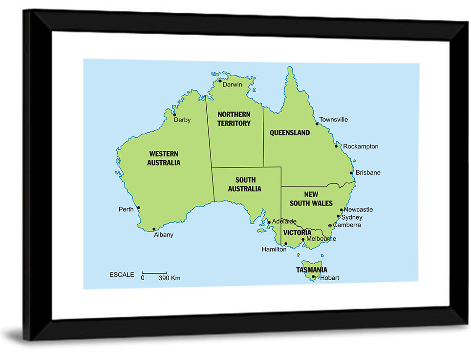 Minimalist Australia Map with State Labels Wall Art