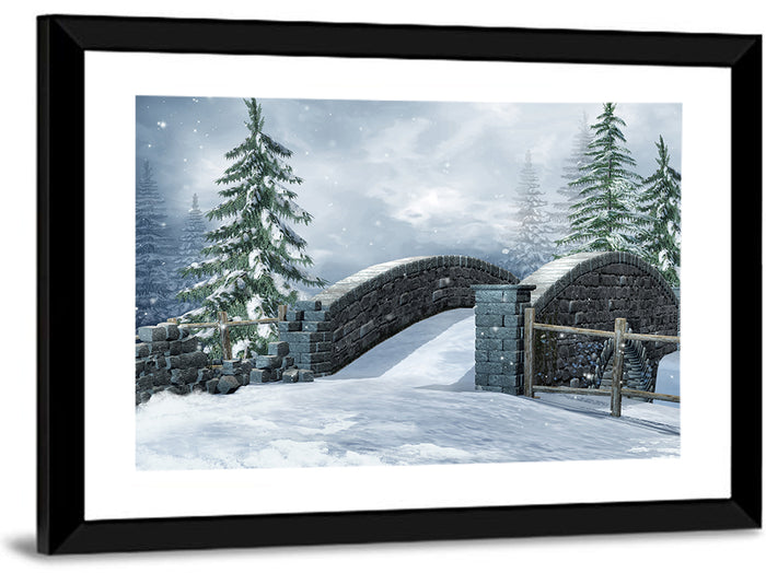 Snowy Stone Bridge in Winter Forest Wall Art as a framed print