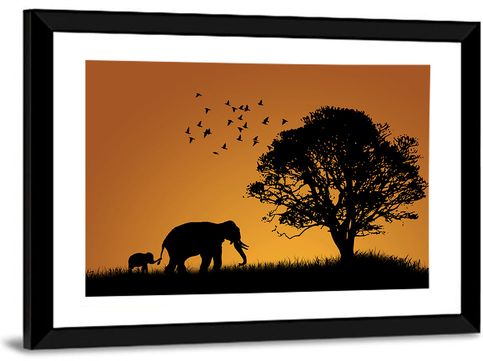 Elephant Family at Golden Sunset Wall Art