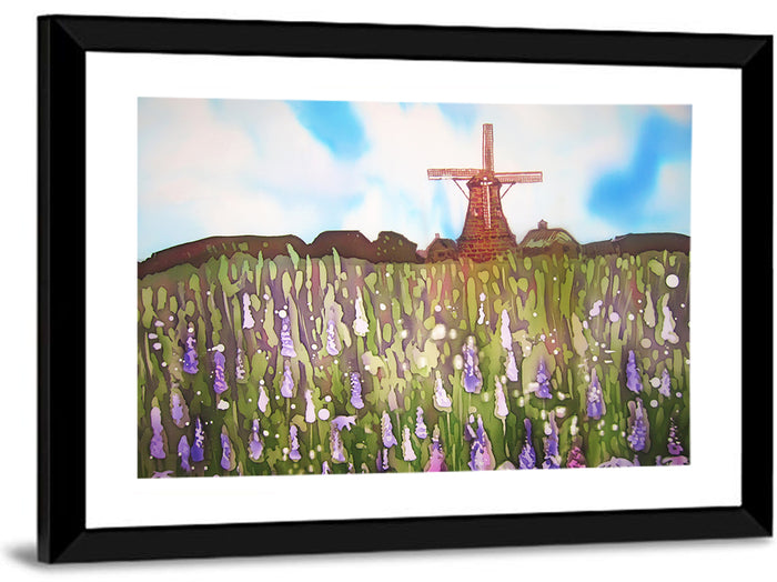 Ink Wash Windmill in Blooming Field Wall Art as a framed print
