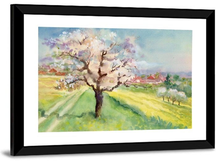 Spring Village Watercolor Wall Art as a framed print