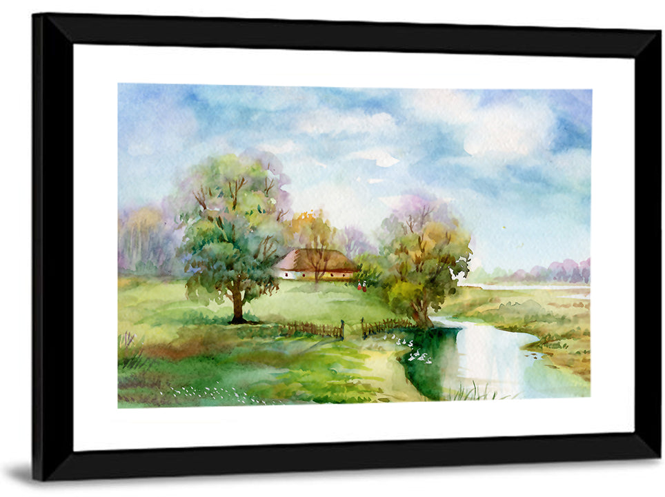Spring Cottage by the Stream Wall Art