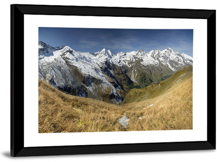 Crisp Alpine Valley with Snow-capped Peaks Wall Art as a framed print