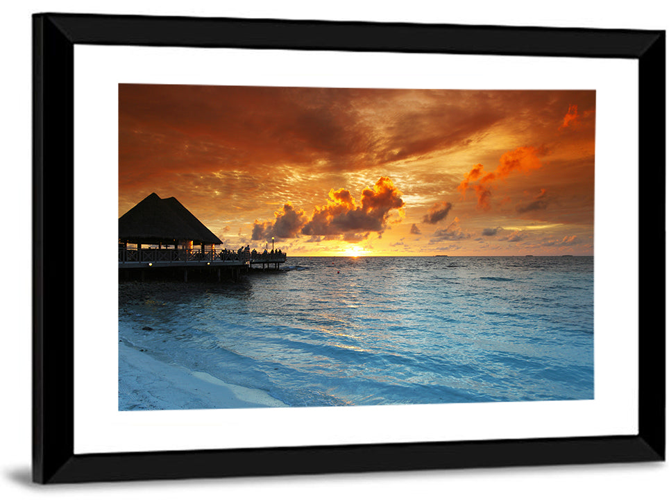 Overwater Bungalow Sunset Pier Wall Art