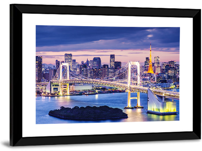 Rainbow Bridge and Tokyo Tower at Twilight Wall Art as a framed print