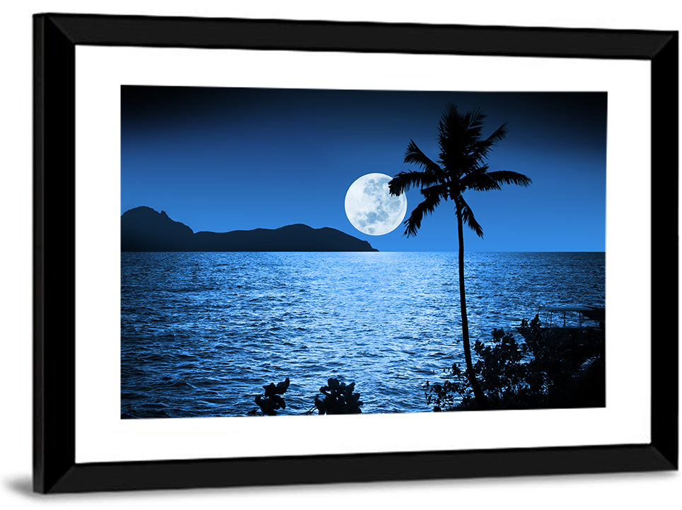 Moonlit Tropical Shore Silhouette Wall Art