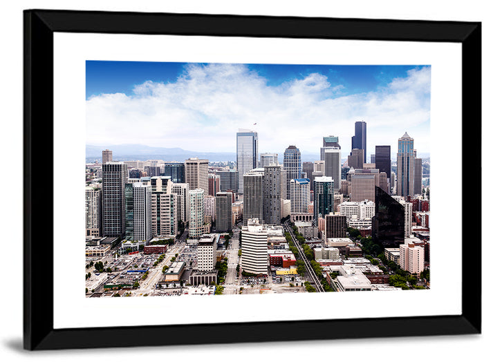Aerial Seattle Skyline Cityscape Wall Art as a framed print