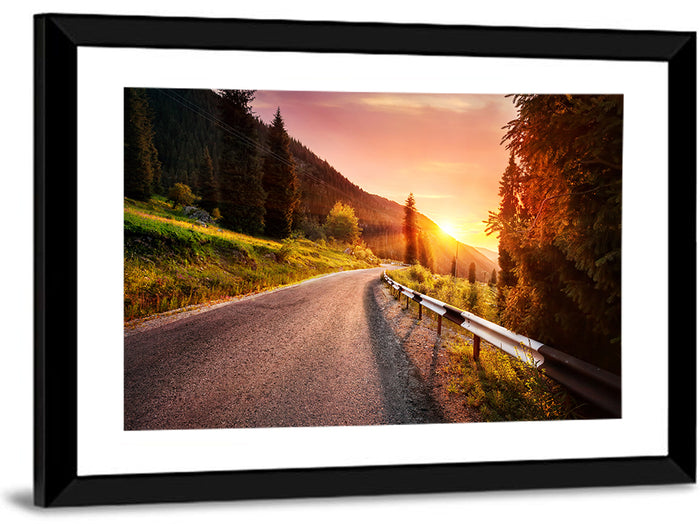 Golden Hour Mountain Road Wall Art as a framed print