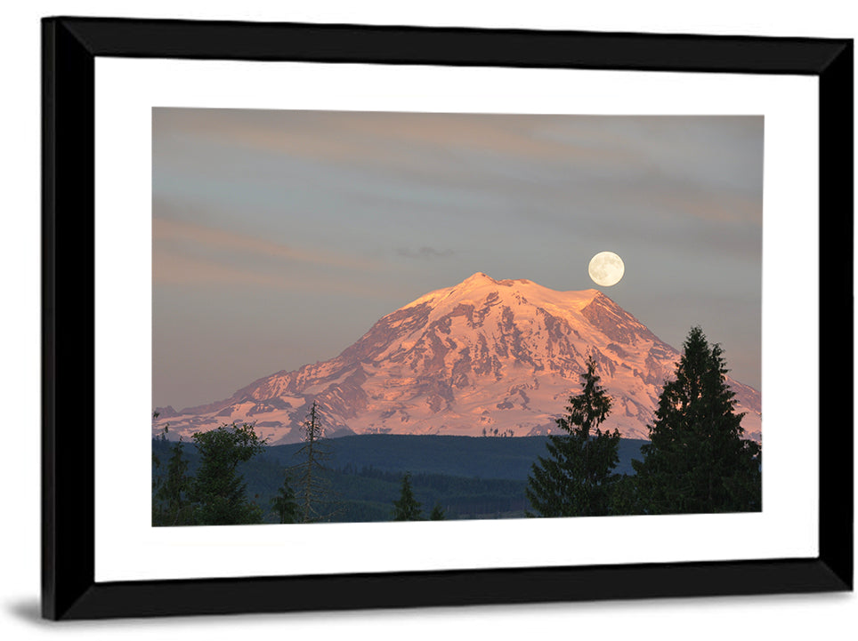 Mount Rainier Alpenglow with Full Moon Wall Art