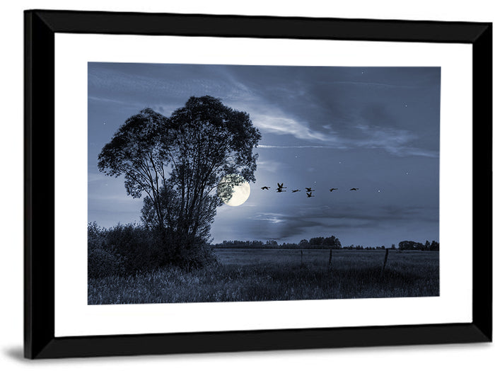 Moonlit Birds Over Quiet Field Wall Art as a framed print