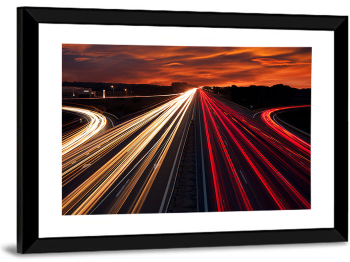 Sunset Highway Light Trails Wall Art as a framed print