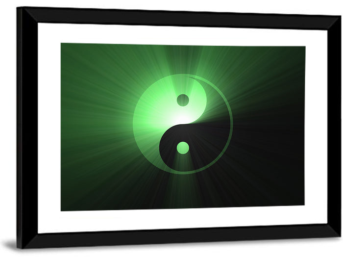 Green Glowing Yin Yang Wall Art as a framed print