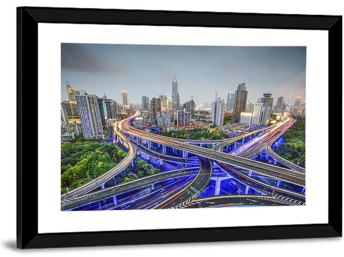 Shanghai Dusk Interchange Cityscape Wall Art as a framed print