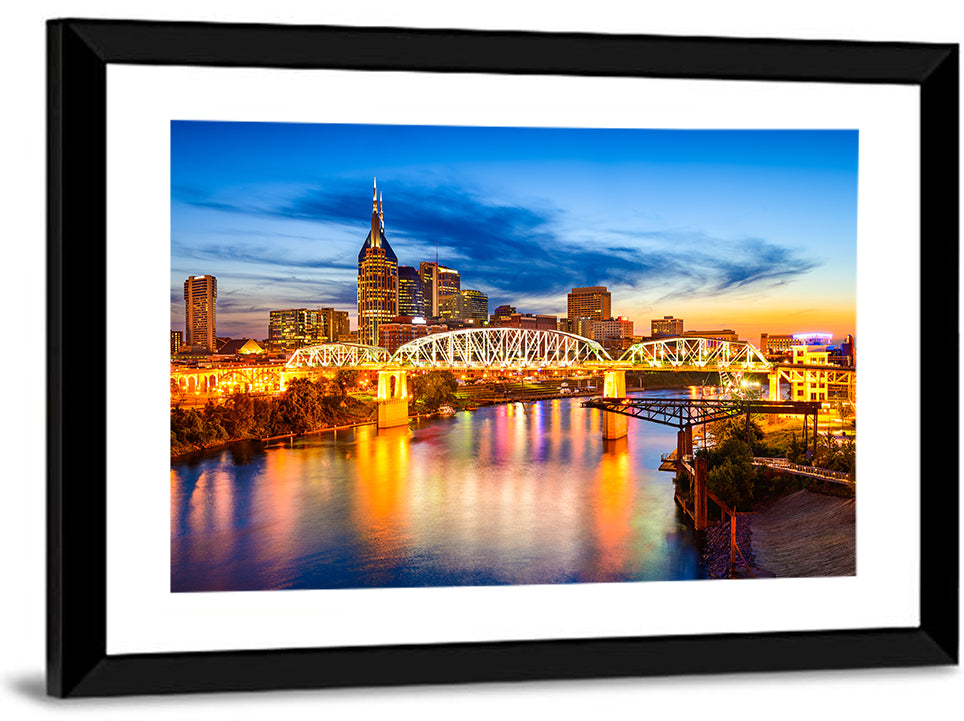 Nashville Skyline at Twilight Bridge Reflections Wall Art