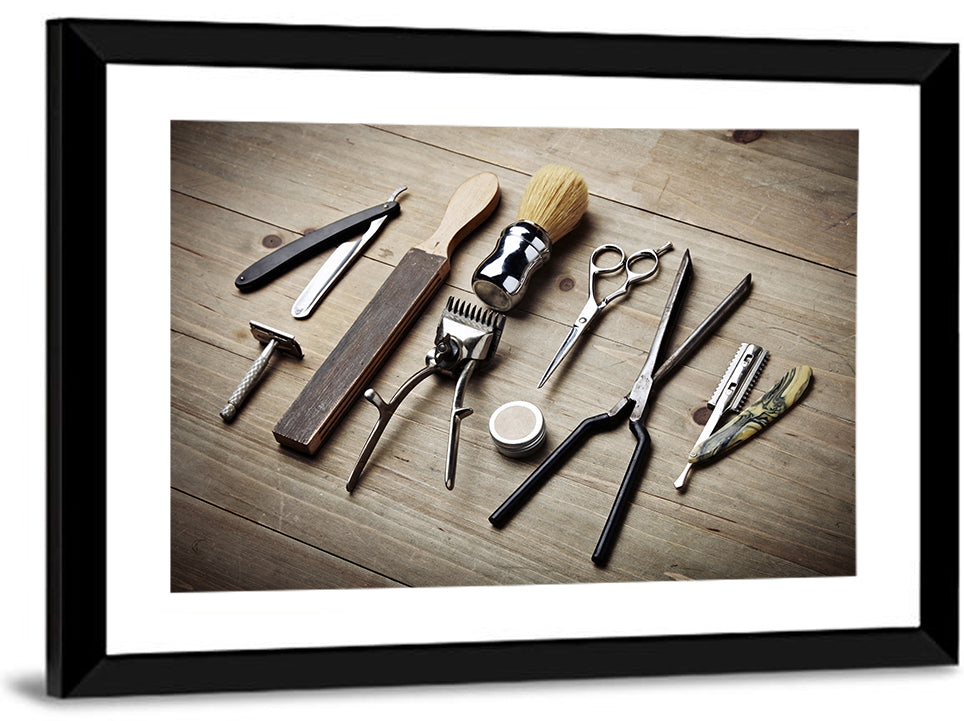 Vintage Barber Tools on Wooden Workbench Wall Art