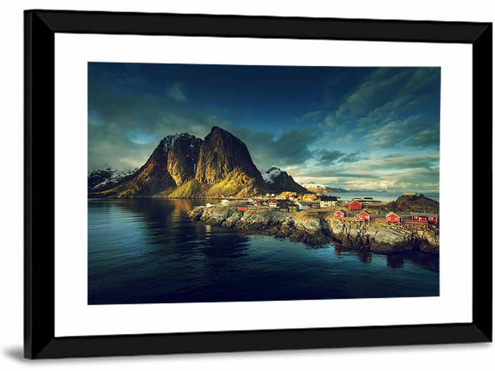 Reine Red Fishing Huts Wall Art as a framed print