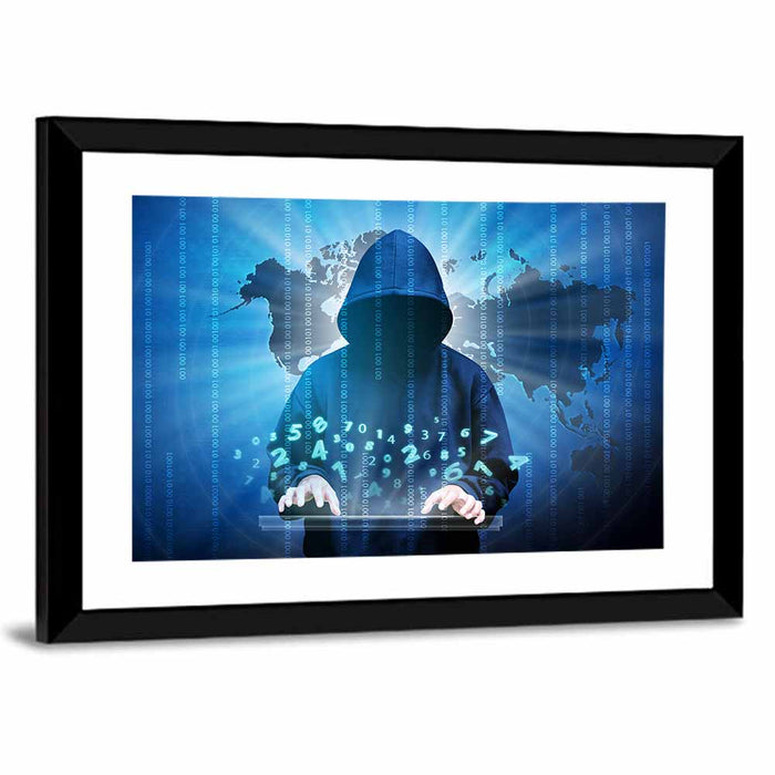 Hooded Hacker with Binary Map Wall Art as a framed print