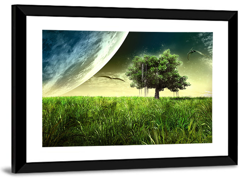 Alien Meadow Under a Giant Planet Wall Art