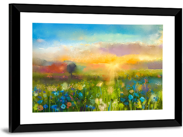 Sunset Wildflower Meadow Wall Art as a framed print