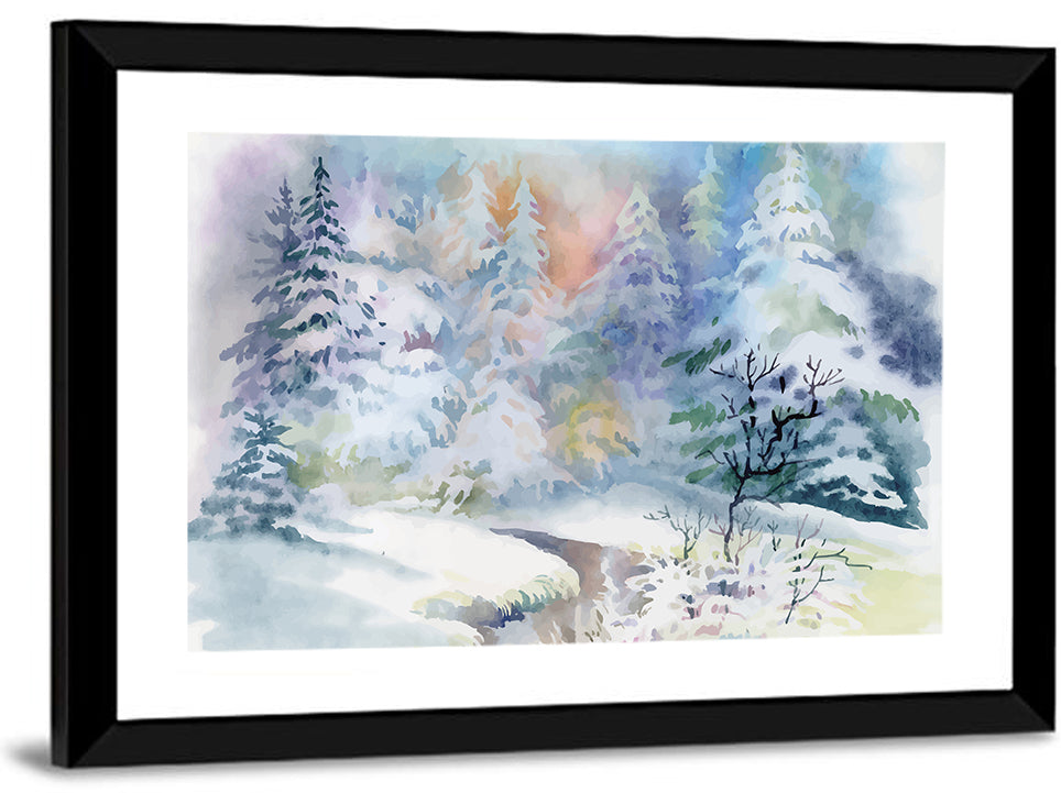 Winding Winter Stream Watercolor Wall Art