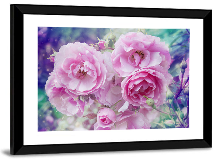 Springtime Pink Rose Cluster Wall Art as a framed print