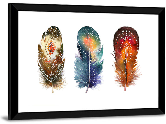 Boho Watercolor Feather Trio Wall Art as a framed print