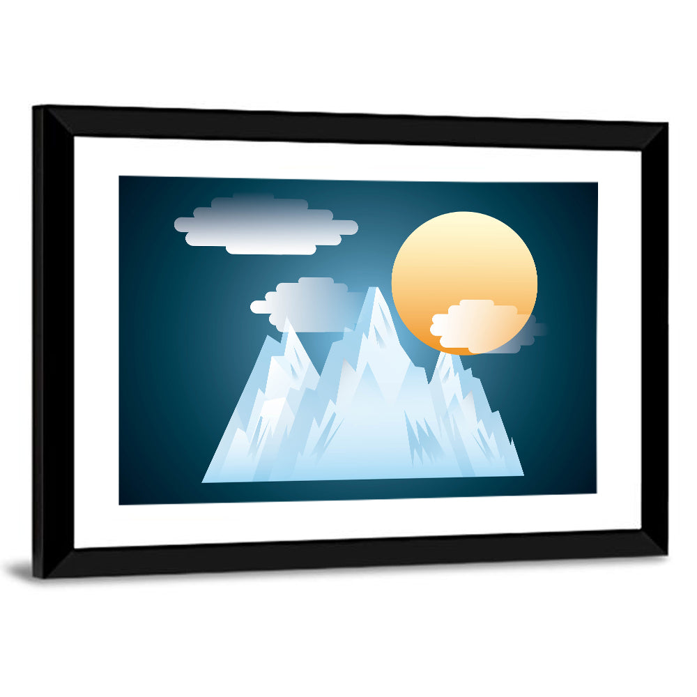 Geometric Snowy Mountain with Golden Sun Wall Art