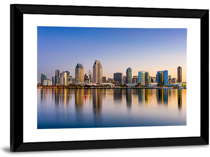 San Diego Skyline at Golden Dusk Wall Art as a framed print