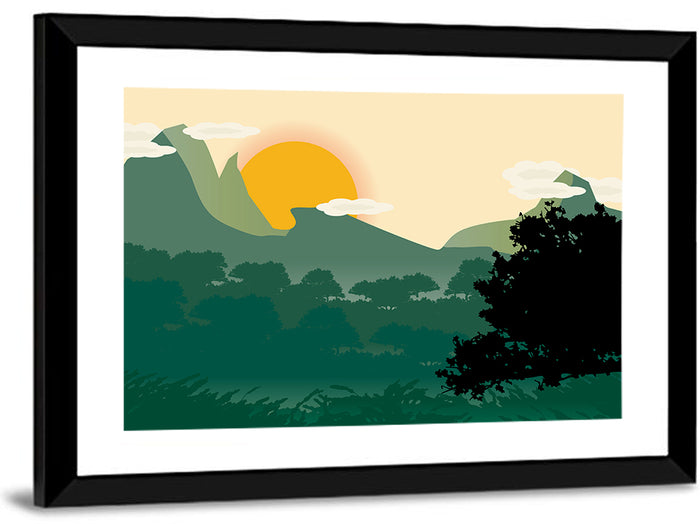 Geometric Mountain Forest Sunrise Wall Art as a framed print