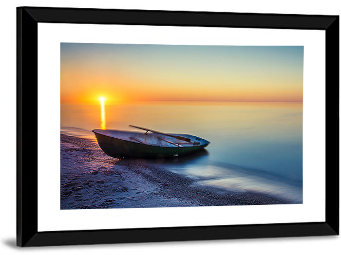 Rowboat Sunrise Seascape Wall Art as a framed print