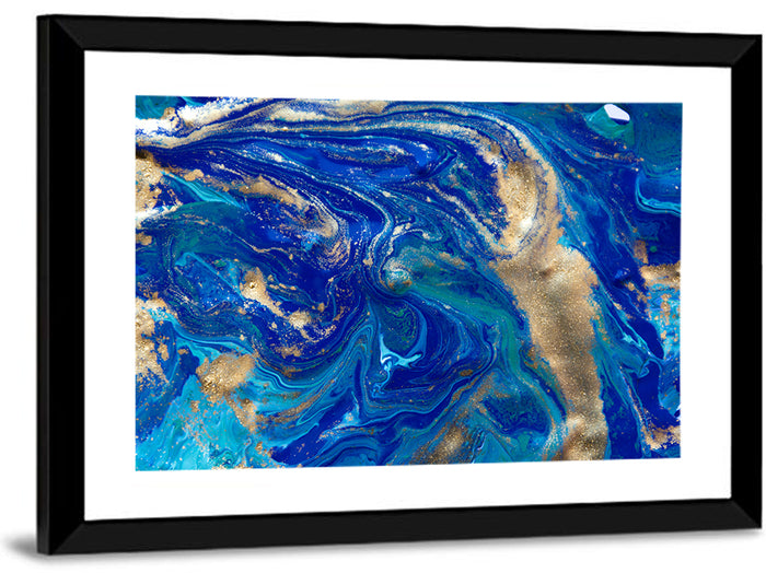 Blue and Gold Liquid Marble Swirls Wall Art as a framed print