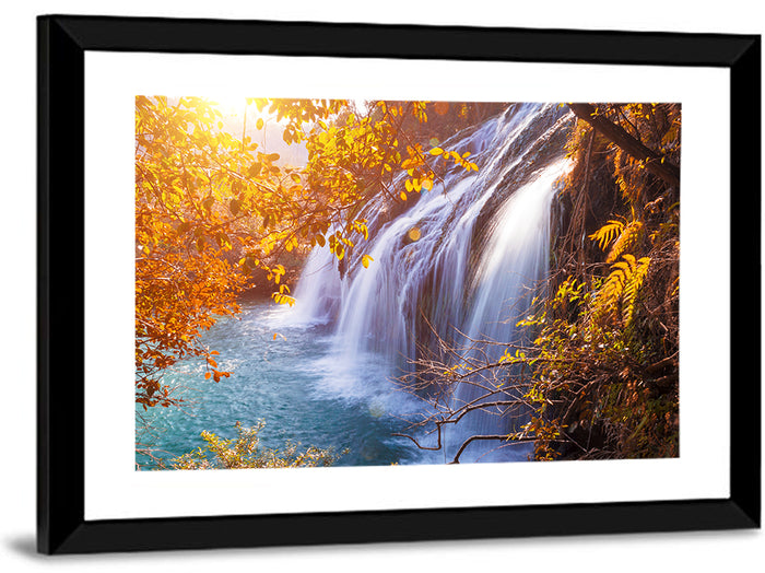 Golden Hour Waterfall in Autumn Forest Wall Art as a framed print