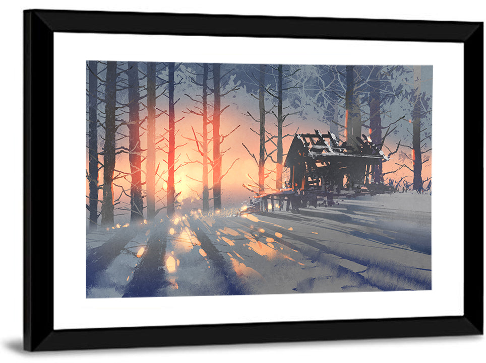 Snowy Forest Cabin at Sunset Wall Art
