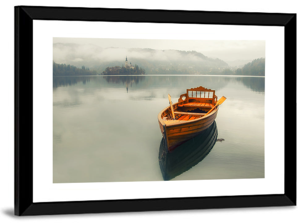 Wooden Boat on Misty Lake Bled Wall Art