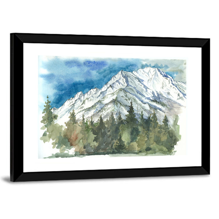 Snowy Mountain Watercolor Wall Art as a framed print