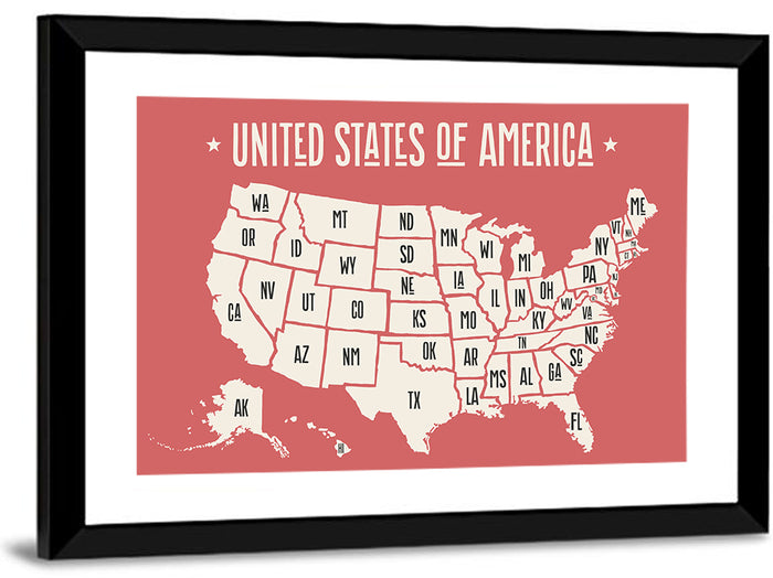 United States Map with State Abbreviations Wall Art as a framed print