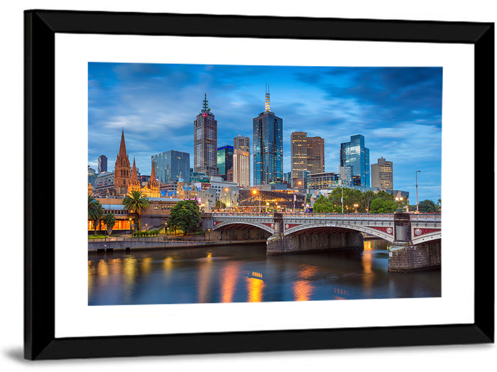 Melbourne Blue Hour Skyline Wall Art as a framed print